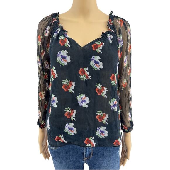 Love Sam SMALL Black Floral Sheer Ruffled Long Sleeve Peasant Boho Top Blouse - Picture 1 of 5
